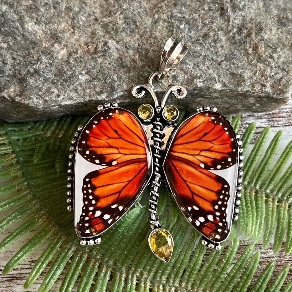 Dichroic Glass & Citrine Monarch Butterfly 2.3” Pendant